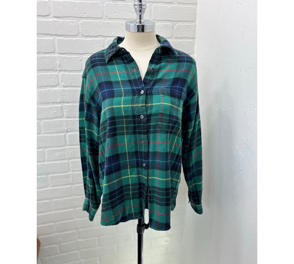 Vintage Eddie Bauer Flannel Shirt Women's Medium Green Blue Plaid Cotton 90s C14